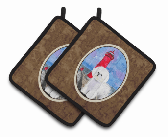 Lighthouse with Bichon Frise Pair of Pot Holders