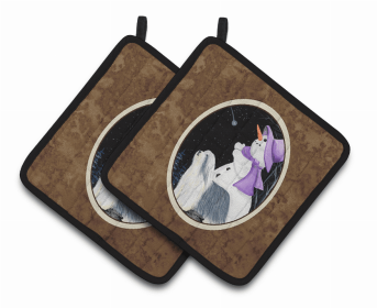 Snowman with Bearded Collie Pair of Pot Holders