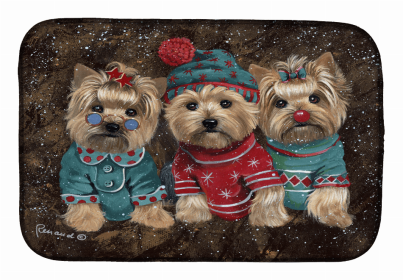 Dog Breed Art Dish Drying Mat (Color: Yorkie Christmas Elves, size: 14 x 21)