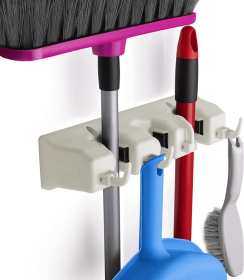 Wall Mount Mop and Broom Organizer (Color: LTWHT)