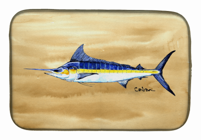 Sealife Themed Dish Drying Mat (Color: Swordfish on Sandy B, size: 14 x 21)
