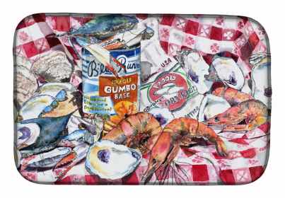 Food/Beverage Art Themed Dish Drying Mat (Color: Blue Runner Gumbo Receipe, size: 14 x 21)