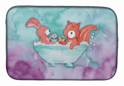 Animal Bathing Watercolor Dish Drying Mat (Color: Rabbit and Squirrel Bathing Watercolor, size: 14 x 21)